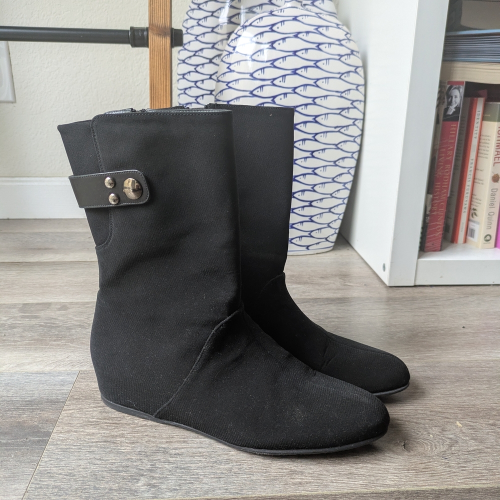 Stuart Weitzman Black Suede Wedge Boots with Buckle - Size 6